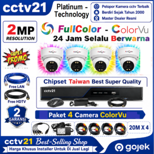 Paket 4 Camera 2MP ColorVu Platinum-Technology Full Color 24Jam Selalu Berwarna DVR+Kabel 80M Harga Promo cctv21-WA-0816772277