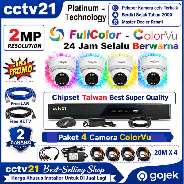 Paket 4 Camera 2MP ColorVu Platinum-Technology Full Color 24Jam Selalu Berwarna DVR+Kabel 80M Harga Promo cctv21-WA-0816772277