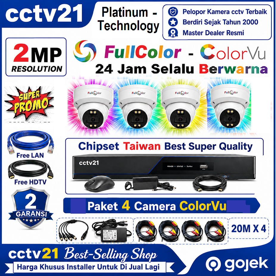 Paket 4 Camera 2MP ColorVu Platinum-Technology Full Color 24Jam Selalu Berwarna DVR+Kabel 80M Harga Promo cctv21-WA-0816772277