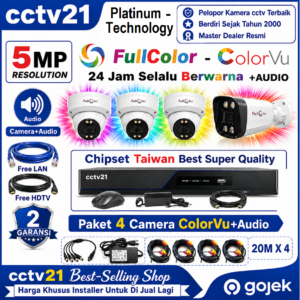 Paket 4 Camera Colorvu+Audio 5MP Platinum-Technology Full Color 24Jam Selalu Berwarna DVR-5MP +Kabel 80M+HDTV+LAN Promo cctv21-WA-0816772277