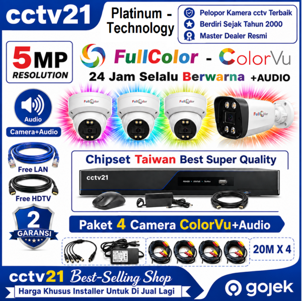 Paket 4 Camera Colorvu+Audio 5MP Platinum-Technology Full Color 24Jam Selalu Berwarna DVR-5MP +Kabel 80M+HDTV+LAN Promo cctv21-WA-0816772277