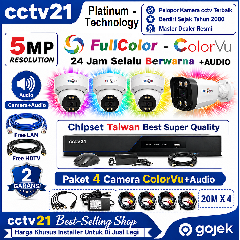 Paket 4 Camera Colorvu+Audio 5MP Platinum-Technology Full Color 24Jam Selalu Berwarna DVR-5MP +Kabel 80M+HDTV+LAN Promo cctv21-WA-0816772277